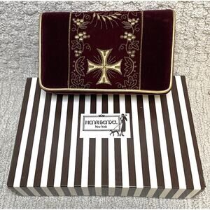 Casleigh Burgundy Velvet Clutch Bag NWT BOX Henri Bendel Maltese Cross Gold Emb